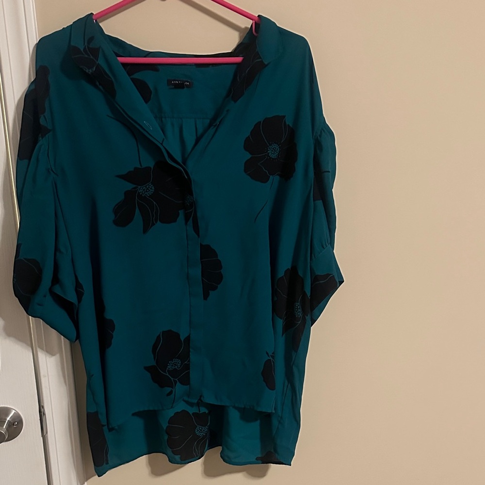 Ann Taylor Teal Floral Button-Front Blouse